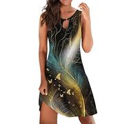 Vestido informal de verano para mujer, sexy, vestido de playa, sin mangas, sin mangas, vestido corto, estampado floral, vestido de tirantes, vestido bohemio, camiseta ligera, vestido midi, V6-oro, L