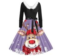 Vestido informal para mujer para otoño/invierno con estampado temático navideño, cuello en V, mangas largas y diseño de encaje con un cuello de terciopelo., morado, S