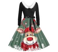 Vestido informal para mujer para otoño/invierno con estampado temático navideño, cuello en V, mangas largas y diseño de encaje con un cuello de terciopelo., verde, M