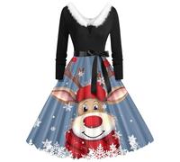 Vestido informal para mujer para otoño/invierno con estampado temático navideño, cuello en V, mangas largas y diseño de encaje con un cuello de terciopelo., azul, XL