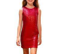 Vestido Informal sin Mangas con Estampado de Lentejuelas y cuadrícula para niñas, Brillante, Cintura elástica, Falda con Vuelo, Ideal para Fiestas y Discoteca, Tallas 5-12.