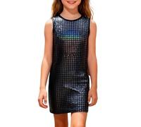 Vestido Informal sin Mangas con Estampado de Lentejuelas y cuadrícula para niñas, Brillante, Cintura elástica, Falda con Vuelo, Ideal para Fiestas y Discoteca, Tallas 5-12.