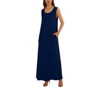 Vestido informal sin mangas de una línea de verano con prácticos bolsillos en color liso liso para un cómodo flujo, azul oscuro, L