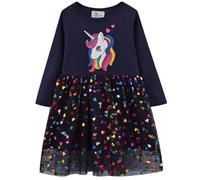 Vestido Invierno Manga Larga Tul Algodón Bordado Unicornio para Niñas 2-8 Años Cumpleaños Partido Halloween Carnaval Fiesta Navidad Disfraz de Baile