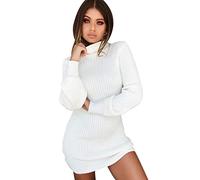 Vestido Jersey Mujer Vestidos de Punto Cortos Ajustado Manga Larga Jersey de Vestir Cuello Alto Largo Mujer Sueter Jerseys Largos De Señora Jerséis Chica Sweaters Suéter Pullover Invierno Blanco XL