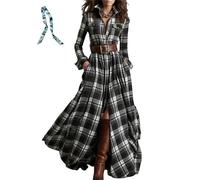 Vestido largo a cuadros de manga larga para mujer, vestido largo a cuadros para mujer, vestido vintage con cuello en V, manga larga, estilo pastoral, Negro, XL