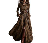 Vestido largo a cuadros para mujer, manga larga, vintage, con solapa, botones, dobladillo asimétrico, vestido largo a cuadros con bolsillos, marrón claro, L