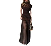 Vestido largo ajustado de mujer, elegante, con cuello alto y fruncido: un vestido de noche largo hasta el suelo, con paneles de malla transparente, ideal para fiestas y eventos. (Marrón,L)