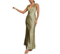 Vestido Largo Ajustado de Verano sin Mangas con Cuello en V para invitada de Boda, Estilo Sirena, Fluido, con Fruncido Lateral en la Cintura, Color Verde Salvia, Talla pequeña.