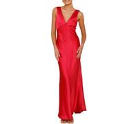 Vestido Largo Ajustado de Verano sin Mangas con Cuello en V para invitada de Boda, Sexy, Estilo Sirena, Fluido, Fruncido Lateral en la Cintura, Rojo, Talla pequeña.