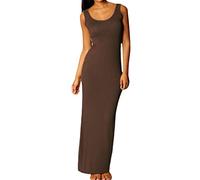 Vestido Largo Ajustado Sin Mangas Para Mujer Con Cuello en O, Delgado Sólido, Café, S