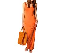 Vestido largo ajustado sin mangas para mujer, con cuello redondo, para mujer, color liso, naranja, XL