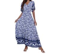 Vestido largo boheme para mujer, manga corta, vestido de verano para mujer, cuello en V, estampado floral, chic y elegante, gran tamaño, descontraído, ligero, fluido, cómodo, transpirable, vestido