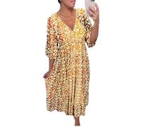 Vestido largo bohemio con cuello en V y manga 3/4, vestido floral de verano para mujer, vestido midi acampanado, Amarillo Oscuro, XXL