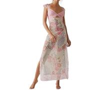 Vestido Largo Bohemio de Verano sin Mangas con Hombros Descubiertos, una línea de Vestido Maxi con gradas de Encaje Patchwork Playa Vestido de Verano (Color : Pink, Size : S)