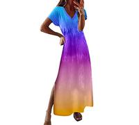 Vestido Largo Bohemio Manga Corta con Cuello en V y Abertura, Vestido Playero de Verano Estampado de Floral Informal Vestido Plisado de Mujer Fiesta Playa Vacaciones Bohemios(N Violeta,M)