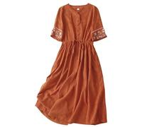 Vestido Largo Bohemio para Mujer, Mezcla de algodón y Lino, Mangas abullonadas Bordadas, Vestido de Verano Fluido de Corte A (Orange,L)