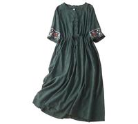 Vestido Largo Bohemio para Mujer, Mezcla de algodón y Lino, Mangas abullonadas Bordadas, Vestido de Verano Fluido de Corte A (Green,M)