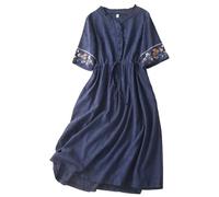 Vestido Largo Bohemio para Mujer, Mezcla de algodón y Lino, Mangas abullonadas Bordadas, Vestido de Verano Fluido de Corte A (Navy,M)