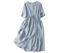 Vestido Largo Bohemio para Mujer, Mezcla de algodón y Lino, Mangas abullonadas Bordadas, Vestido de Verano Fluido de Corte A (Blue,XL)