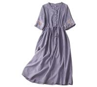 Vestido Largo Bohemio para Mujer, Mezcla de algodón y Lino, Mangas abullonadas Bordadas, Vestido de Verano Fluido de Corte A (Purple,M)