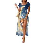 Vestido Largo Buenas Noches Al Estilo De Los Cuentos De Hadas para Mujer - Vestido Maxi de Verano con Mangas Volantes Luna De Zorro Vestidos Abertura Ligero y Cómodo para Playa y Vacaciones