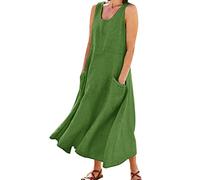 Vestido largo casual con bolsillos y cuello redondo para mujer, color liso, para uso diario, vestidos de mujer, verde, M