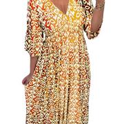 Vestido largo casual con cuello en V, vestido bohemio de talla grande, vestidos florales de verano, manga 3/4, vestidos fluidos para mujer, amarillo, XL