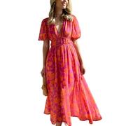 Vestido largo casual para mujer con estampado floral, cuello en V, manga larga, cintura alta, para uso diario al aire libre, rosso, S