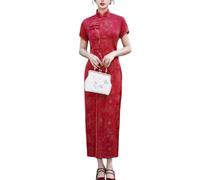 Vestido Largo Cheongsam para Mujer Sexy con Abertura Lateral Vestido De Noche para El Festival De Primavera Chino Ajustado Estilo Vintage Cuello Mandarín Qipao para Invitada De Boda Fiesta Rojo Tal