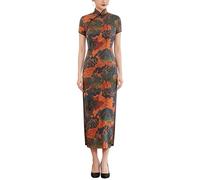 Vestido Largo Chino para Mujer Estilo Oriental Cheongsam Vestido De Noche Cuello Mandarín Corte Ajustado Manga Corta Qipao Bodycon Estampado Floral Sexy Abertura Lateral Cheongsam Naranja Talla XS