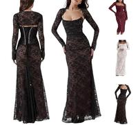 Vestido Largo con corsé de Encaje con cordón y Chal, Vestido Chal de 2 Piezas para Mujer (Medium,Black)