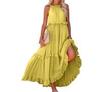 Vestido largo con cuello halter fruncido para mujer, elegante, holgado, con volantes, vestido de verano con vuelo, para la playa, con bolsillos, L009-amarillo, XL