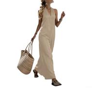 Vestido largo con cuello halter para mujer, sin mangas, cuello en V profundo, largo, verano, playa, vacaciones, fluido, algodón sólido, estilo lino, vacaciones, fiesta, noche, tallas S-XXL (caqui L)