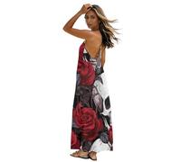 Vestido largo con espalda abierta, tirantes delgados, vestido de playa casual, vestido de verano vintage con calavera roja y rosa para mujer, Vintage Skull Red Rose 1, XL Alto