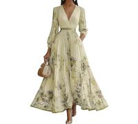 Vestido largo con estampado floral para mujer, cuello en V profundo, vestido cruzado de manga larga, vestido acampanado con cinturón para invitada de boda y fiesta, amarillo claro, XXL