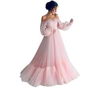Vestido largo con hombros descubiertos para mujer, vestido plisado de tul de manga larga, elegante vestido formal de noche, graduación, boda, dama de honor, cóctel, fiesta, largo hasta el suelo, rosa