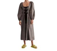 Vestido largo con lazo para mujer, estilo bohemio, a cuadros, manga larga abombada, cuello cuadrado, fruncido, marrón, L