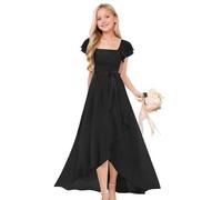 Vestido largo con vuelo para niñas, manga corta abombada, frente abierto, elegante, fruncido, para desfiles, adolescentes, niños, cuello cuadrado, plisado, suave, liso, para boda, faldas forradas en A