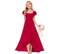 Vestido largo con vuelo para niñas, manga corta abombada, frente abierto, elegante, fruncido, para desfiles, adolescentes, niños, cuello cuadrado, plisado, suave, liso, para boda, faldas forradas en A