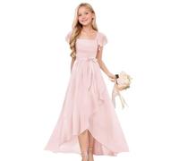 Vestido largo con vuelo para niñas, manga corta abombada, frente abierto, elegante, fruncido, para desfiles, adolescentes, niños, cuello cuadrado, plisado, suave, liso, para boda, faldas forradas en A