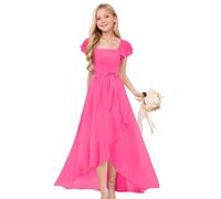 Vestido largo con vuelo para niñas, manga corta abombada, frente abierto, elegante, fruncido, para desfiles, adolescentes, niños, cuello cuadrado, plisado, suave, liso, para boda, faldas forradas en A