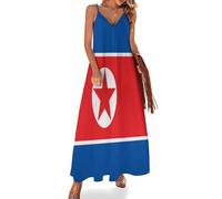 Vestido Largo Cuello En V Sin Mangas Bandera De Corea del Norte para Mujer, Verano Vestidos con Tirantes Finos Maxi Partido Playa De Informal Estampado Estrellas Étnicas Talla Grande, Azul