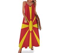Vestido Largo Cuello En V Sin Mangas Bandera De Macedonia para Mujer, Verano Vestidos con Tirantes Finos Maxi Partido Playa De Informal Estampado Sol Rayado Abstracto Talla Grande, Rojo