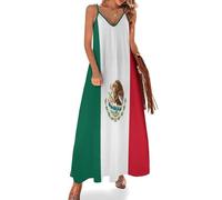 Vestido Largo Cuello En V Sin Mangas Bandera Mexicana para Mujer, Verano Vestidos con Tirantes Finos Maxi Partido Playa De Informal Estampado Insignia De Águila Étnica Talla Grande, Verde