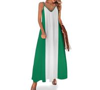 Vestido Largo Cuello En V Sin Mangas Bandera Nigeriana para Mujer, Verano Vestidos con Tirantes Finos Maxi Partido Playa De Informal Estampado Rayas Elegantes Talla Grande, Verde