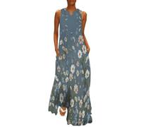 Vestido Largo Cuello En V Sin Mangas Delicado Estampado Floral para Mujer, Verano Vestidos Maxi Partido Playa De Informal Sueltos Falda con Bolsillos Estampado Elegante Margarita Talla Grande, Azul