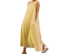 Vestido largo de algodón puro a cuadros para mujer, cuello cuadrado, sin mangas, para verano, playa, vacaciones, vestido largo con bolsillos, amarillo, XXL
