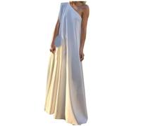 Vestido largo de banquete para mujer, moda primavera/verano, asimétrico hombro descubierto, sin mangas, color sólido vestido bohemio, blanco, S