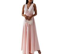 Vestido largo de color sólido con cuello en V para mujer, cintura imperio, sin mangas, elegante vestido largo de noche, rosa, L